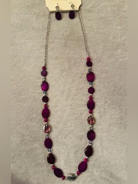 Purple Bead Long Necklace & Earring Set